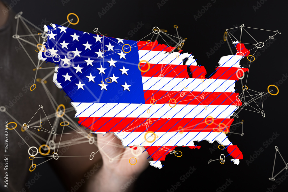 Poster image of a us map overlaid with a network, symbolizing connectivity and digital infrastructure.