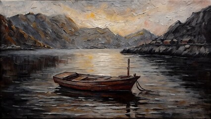 "Solitary Boat at Dusk in a Mountain Bay – Oil Painting"