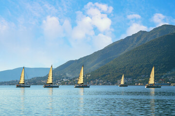 Beautiful Mediterranean landscape. Sailing boats on water. Montenegro, Adriatic Sea, Bay of Kotor