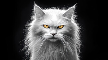 A majestic white longhair cat with intense yellow eyes stares directly at the viewer against a stark black background