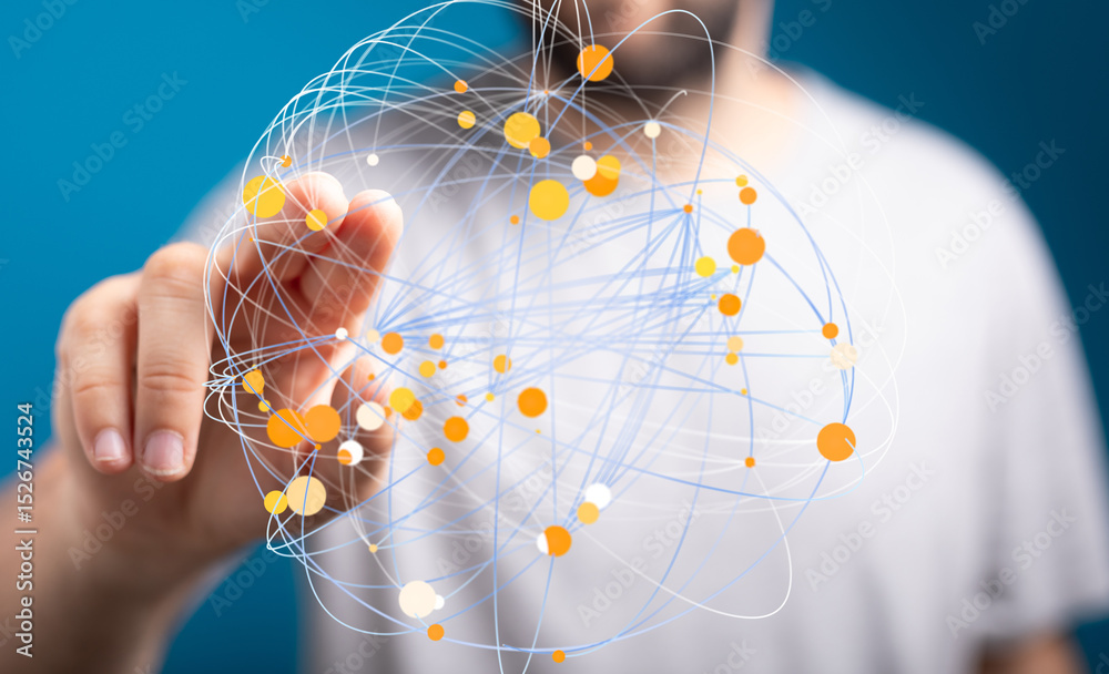 Leinwandbilder Abstract image of a hand interacting with a complex network of interconnected nodes.