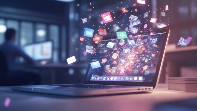 Laptop displaying digital icons, glowing, in a modern office setting