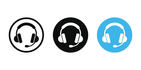 Three minimalist circular icons featuring centered headsets with earcups & mic cord. Clean design in black, white, and light blue on white background. Ideal vector graphic for customer service.