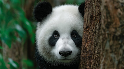 Fototapeta premium close-up portrait of a giant panda with soft fur and expressive eyes — perfect for educational content, wildlife articles, conservation campaigns, or children's books