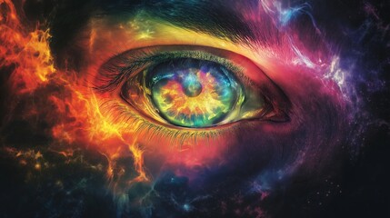 Intricate cosmic eye surrounded by vibrant colors and swirling galaxies