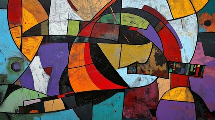 Vibrant abstract mural featuring bold colors and geometric shapes portraying a stylized face