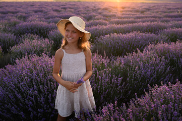 Little girl in summer dress and hat holding lavender bouquet in blooming lavender field. Romantic...