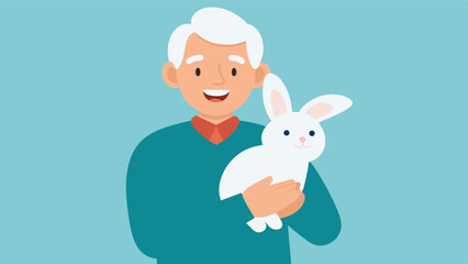 An older gentleman participating in a pet therapy session at a memory care facility his face lighting up with happiness as he holds a fluffy rabbit in his arms.. Vector illustration
