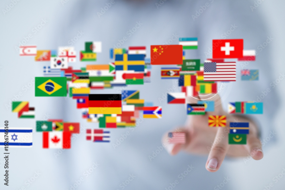 Poster Image of diverse national flags floating around a hand, symbolizing global connectivity and international relations.