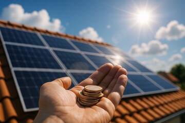 Solar Panel Investment: Hand Holding Coins with Panels on Roof Against Sky, Illustrating Clean Energy Savings and Sustainable Future