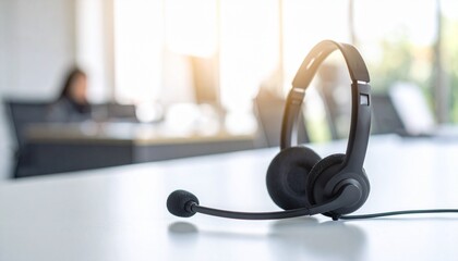 Professional Black Headset with Microphone on Desk, Ready for Call Center or Office Use