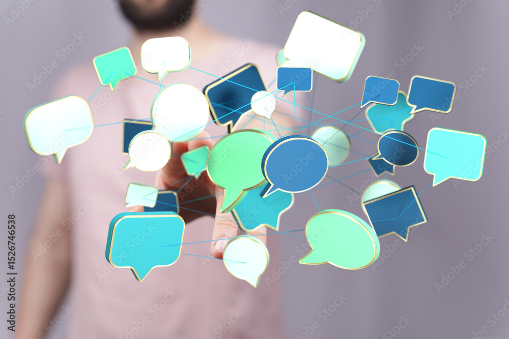 Poster Abstract image of interconnected speech bubbles, representing global communication and networking.
