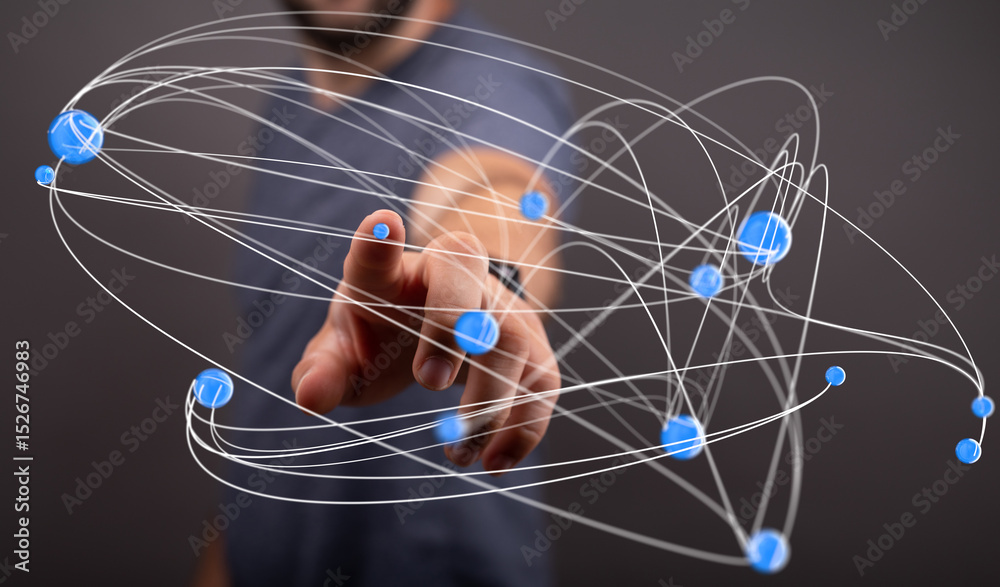 Poster abstract image of a person interacting with a complex network, representing connections, technology,
