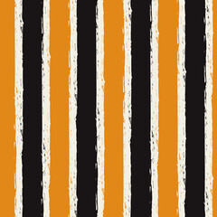 Halloween raster seamless pattern with pumpkin orange,black and bone white vertical grunge stripes. Wonky organic edges. Hand painted brush strokes, striped background. Linear geometric fall backdrop.