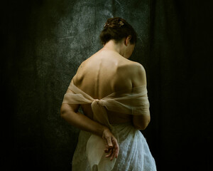woman with lace skirt, and tulle covering her neckline 8