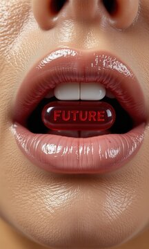 Person Holding Red Capsule with Future Printed Inside