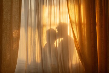 Curtain with light yellow and white colors, sunlight shining through the curtains, silhouette of two people kissing in front of it, bedroom background