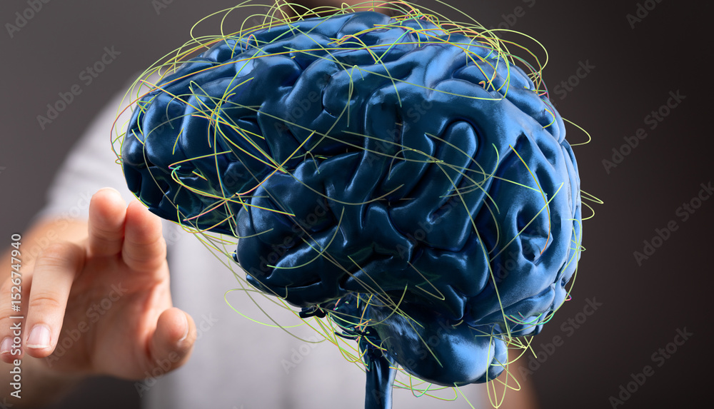 Poster 3d render of a human brain with neural connections. perfect for ai, neuroscience, and technology con