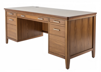 90s wooden office desk, isolated PNG