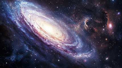 Fototapeta premium Spiral Galaxy Cosmic Vista: Celestial Swirls of Blues Purples and Golds
