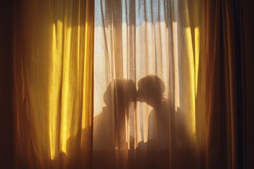 Curtain with light yellow and white colors, sunlight shining through the curtains, silhouette of two people kissing in front of it, bedroom background