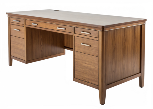 90s wooden office desk, isolated PNG