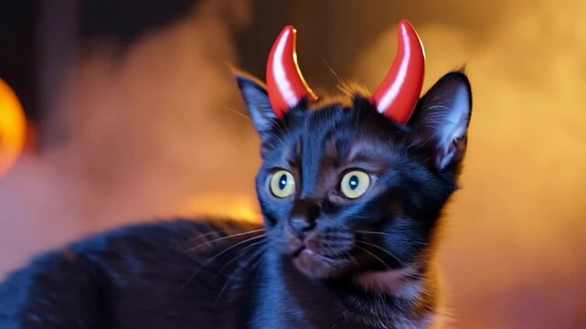 A mysterious cat adorned with devil horns gazes curiously as smoke swirls around it. The atmosphere is enchanting, creating an intriguing and playful scene Halloween holiday