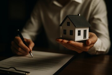 Signing a Real Estate Contract: Man Holding House Model and Signing Documents for Mortgage Loan Approval and Property Investment
