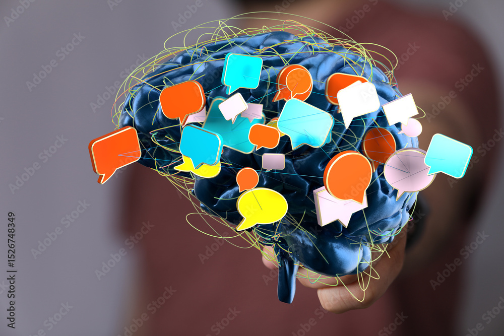 Aufkleber Abstract image of a brain with colorful speech bubbles, symbolizing communication, ideas, and thought processes.