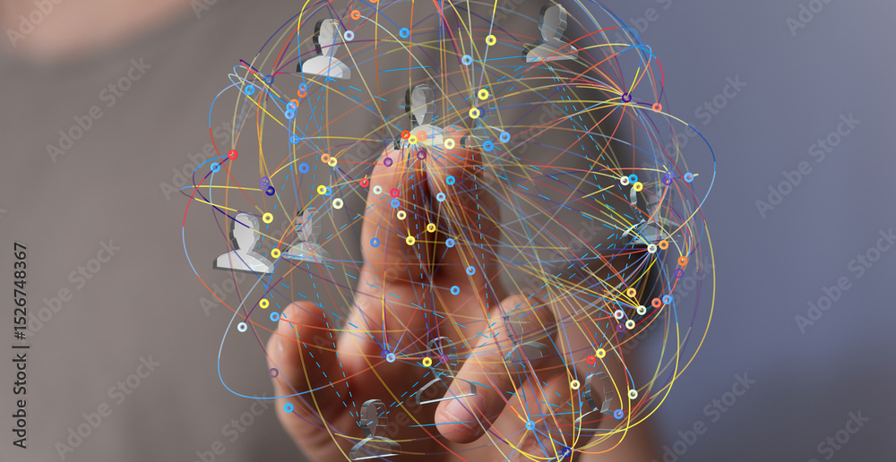 Aufkleber Abstract image of a hand interacting with a digital network.  Ideal for tech, social media, and connectivity concepts.