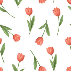 Obraz premium Vector Seamless Tulip Pattern with Pink Flowers on White Background. Tulip Pattern for Spring Design, Fabric, Packaging, Wallpaper and Floral Tulip Pattern in Botanical Style