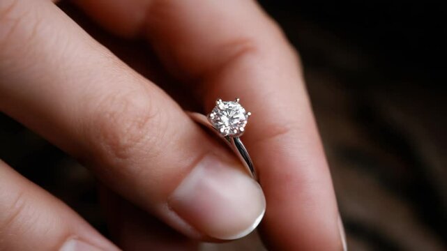 A brilliant diamond ring held in someone's fingers, ready for a proposal.