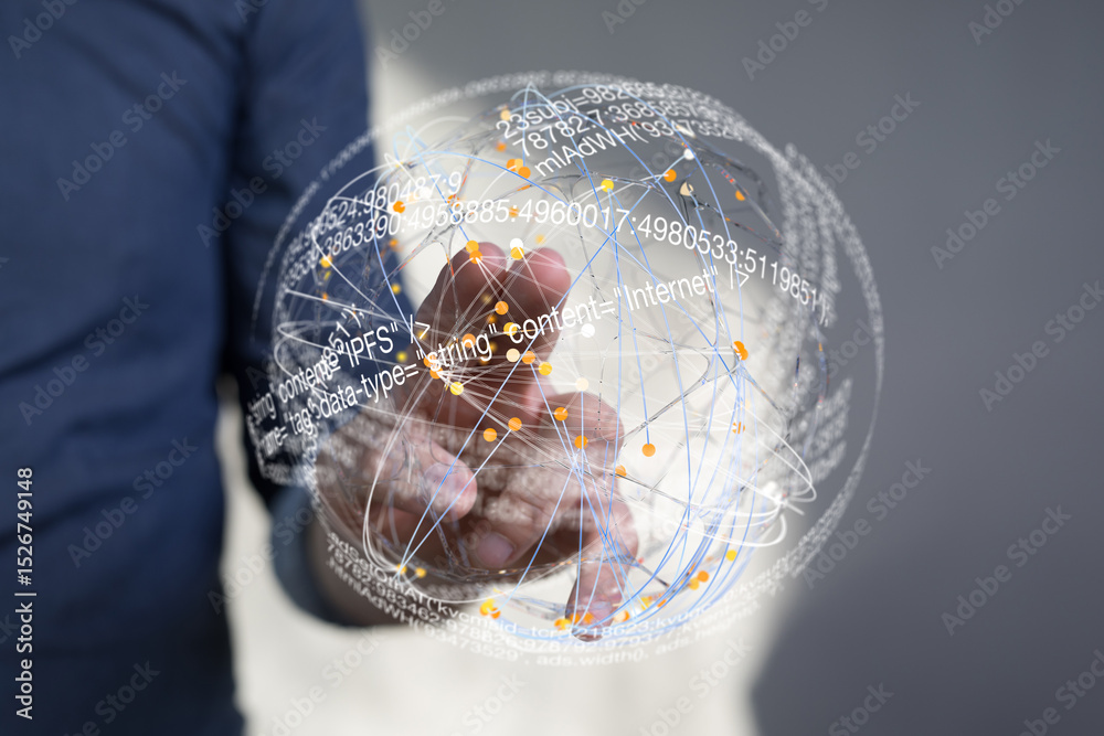 Fototapete Abstract image of a hand interacting with a digital globe representing data and connections.
