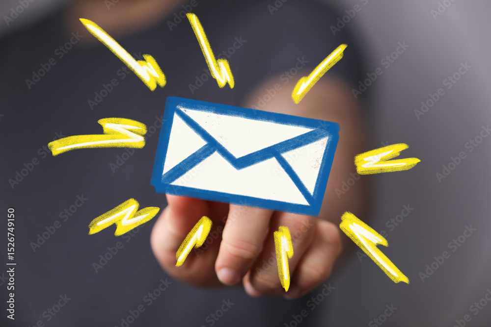 Poster close-up of a hand holding a digital email icon, symbolizing new message or notification.