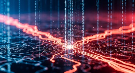 Data streams converge on a city, creating a vibrant network of digital information flow.