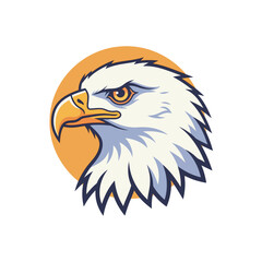 Clean vector illustration of a bald eagle head in profile, featuring white feathers, orange beak, and intense eye, set against a vibrant orange circle. Bold, iconic design for mascots, logos, or emble