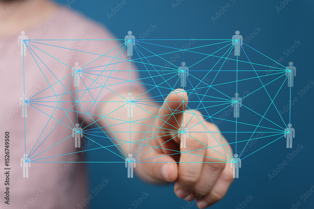 Aufkleber Hand pointing at a digital network of interconnected people, representing global communication and collaboration.