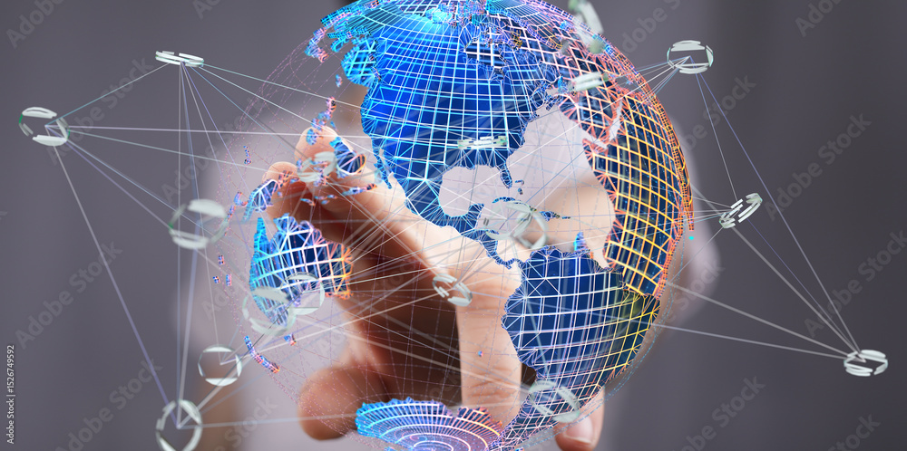 Poster Abstract image of a hand holding a digital globe, representing global connections and networking.