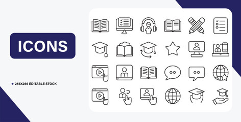 Collection of Editable Education Icons  Learning, E-learning, Graduation, and More