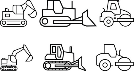 Minimalist Line Art Set of Six Construction Machines in Scalable Vector Format