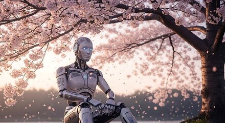 Humanoid robot sitting under cherry blossom tree with petals falling at sunset, blending serene beauty with futuristic emotion