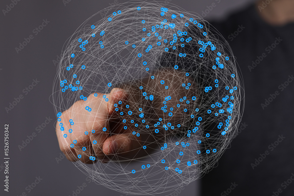 Poster Abstract image of a hand interacting with a digital sphere representing global network connections.