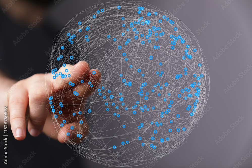 Leinwandbilder Abstract image of a hand interacting with a digital sphere representing global networking and connectivity.