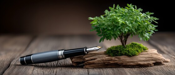 Fototapeta premium Elegant Fountain Pen and Lush Green Bonsai Tree on Rustic Wooden Tabletop