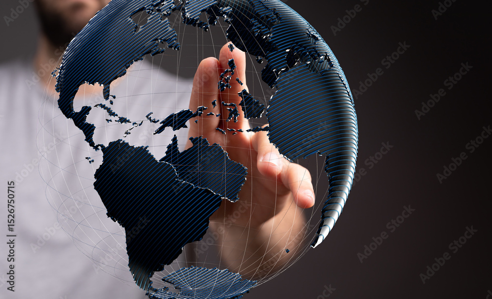 Poster Abstract image of a hand interacting with a digital globe, symbolizing global connection and networking.
