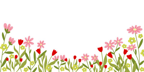 Horizontal backdrop with simple pink and red flowers on white. Vector illustration