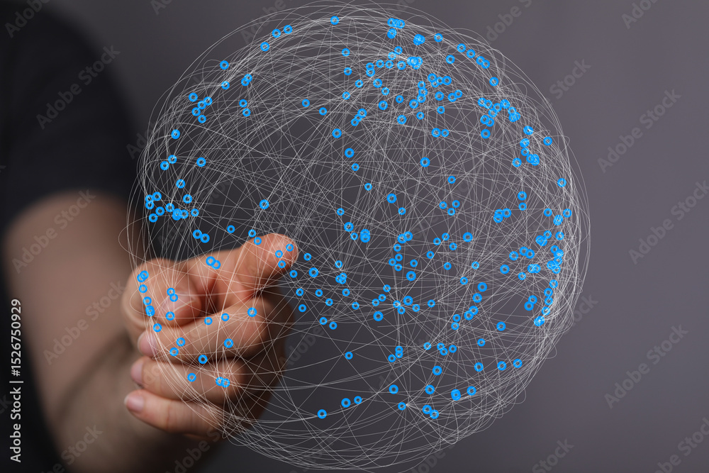 Aufkleber Abstract image depicting a hand interacting with a digital globe representing global network connections.