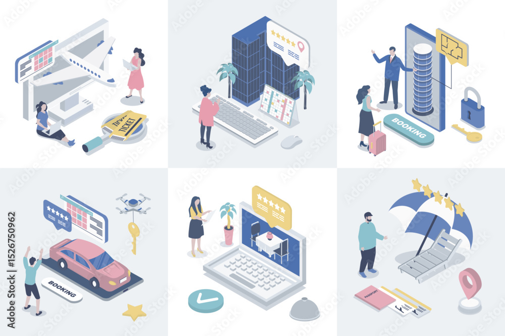 Poster booking 3d isometry concept for web design. collection set with isometric people searching and buyin