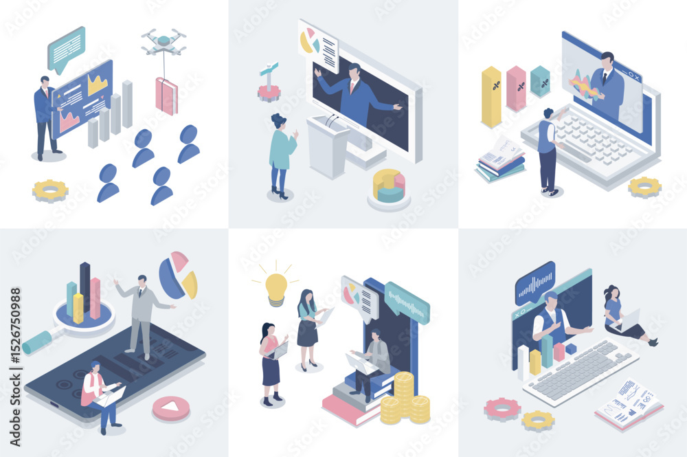 Aufkleber Business training 3d isometry concept for web design. Collection set with isometric people learning at conference, listening job coaching and consulting lectures, video seminars. Vector illustration.