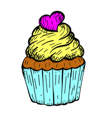 Vector color illustration of a fresh and beautiful cream cupcake on a white isolated background